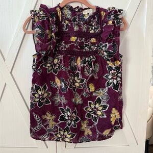 LOFT Purple Floral Blouse with Yellow Accents